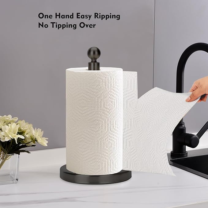 Paper Towel Holder Countertop, Standing Paper Towel Roll Holder for Kitchen Bathroom, with Weighted Base for One-Handed Operation, No Wobbly (Stainless Steel Base, Black)