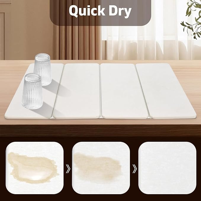 Large Stone Dish Drying Mat for Kitchen Counter, 24"×16" Dish Drying Mat, Fast Water-Absorbing, Diatomaceous Earth Non-Slip Stone Mat, Multi-Purpose Foldable for Match Any Countertop