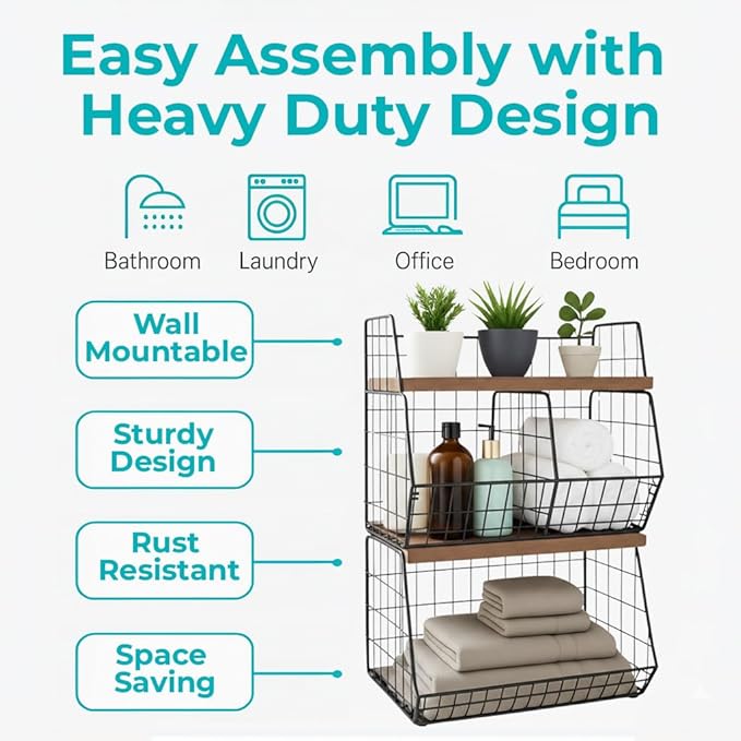 Storage Pantry Baskets – Heavy Duty Wire Bins for Kitchen, Bathroom & Laundry – Wall Mounted, Stackable Organizer for Snacks, Toiletries, Potatoes & Onions – 2 Pack Storage Set Bundle XXL