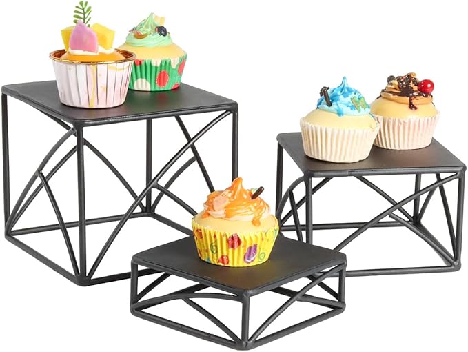 BYCY Dessert Tabletop Risers 6 Inch White Square Matte Wire Nesting Cupcake Risers Display Stand Shelf for Catering Collectibles Jewelry Figures Show , Set of 3 (Black)