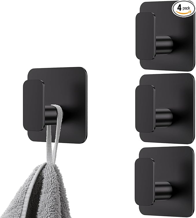 FanSiVoKe Black Square Adhesive Hooks for Shower, Bathroom, Kitchen, Robe, Towel, Coat, Waterproof & Rustproof Heavy Duty Hook for Walls No Damage, Stainless Steel Sticky Hook (4)