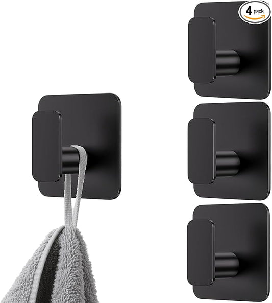 FanSiVoKe Black Square Adhesive Hooks for Shower, Bathroom, Kitchen, Robe, Towel, Coat, Waterproof & Rustproof Heavy Duty Hook for Walls No Damage, Stainless Steel Sticky Hook (4)
