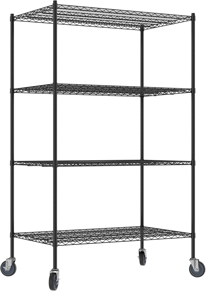 Commercial NSF Listed Black Epoxy Mobile Wire Shelving Kit 30" x 48" x 80", with 4 Shelves Perfect for Warehouse, Walk-in Refrigerator, Freezer, Grocery Store, Restaurant, Dishroom