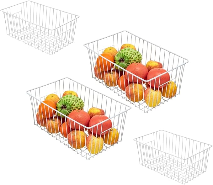 Y.Z.Bros 16Lx12W inch Wider Freezer Storage Organizer Baskets Container, Deep Metal Wire Chest Upright Refrigerator Divider Bins with Built-in Handles for Cabinet, Pantry, Closet, Kitchen(4)