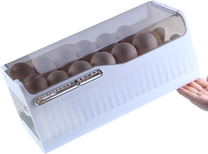Sansam Egg Holder for Fridge, Automatic Rolling Egg Organizer for Refrigerator, Plastic Egg Container & Tray, Stackable Dispenser and Storage Bin with Sturdy Lid to Saving Space (Clear)