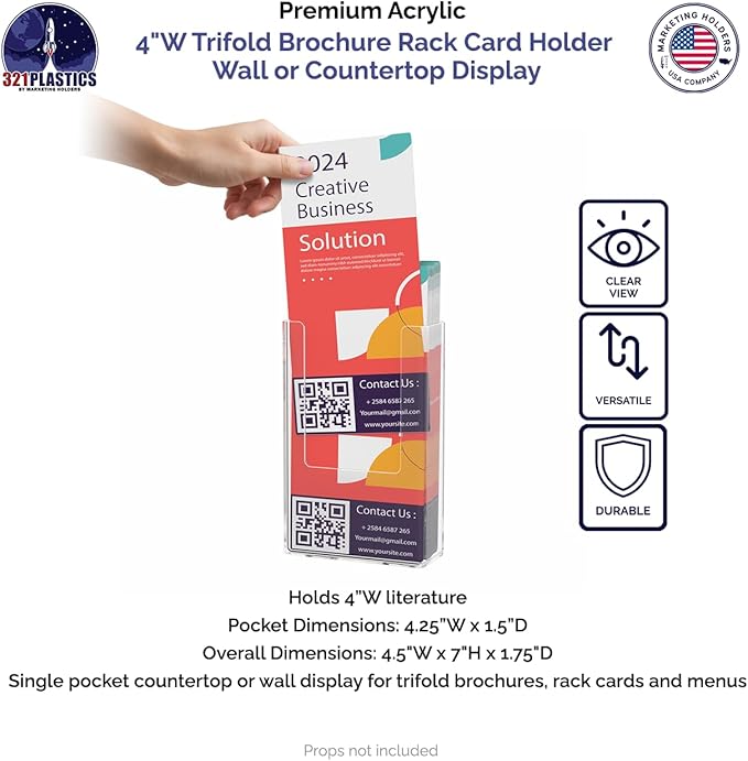 Marketing Holders 12 Pack Trifold Holder with Hanging Hardware Tall Display for 4 Inch Printed Materials Clear Acrylic Wall Display Holds Maps Menus Rack Cards Leaflets Flyers