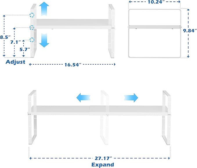 SANNO Expandable Kitchen Shelf Organizers, Large Kitchen Cupboard Organizer Stackable Counter Shelf Spice Rack Expandable Shelves,Pantry Storage Organization, White,1 pack