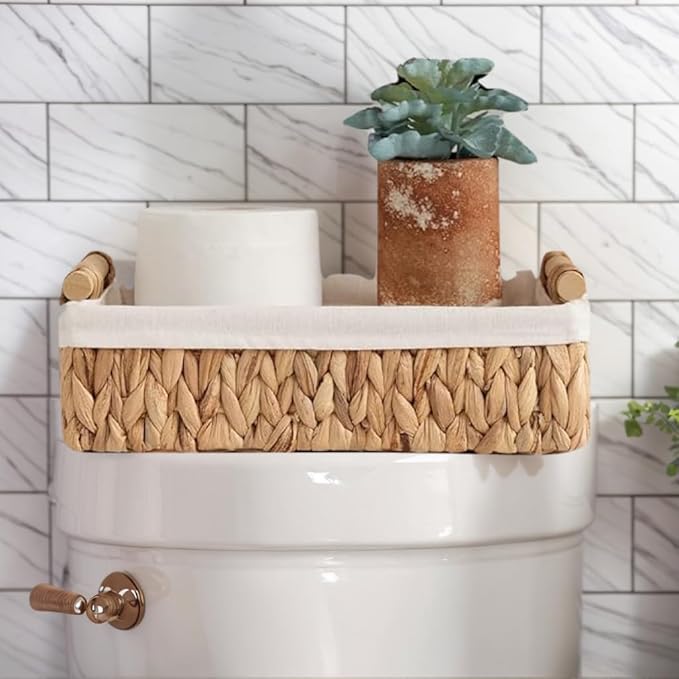Water Hyacinth Woven Storage Baskets with Wooden Handles, Natural Decorative Organizer Bins with Liner for Bathroom, Countertop, Shelf & Toilet Tank – Set of 2