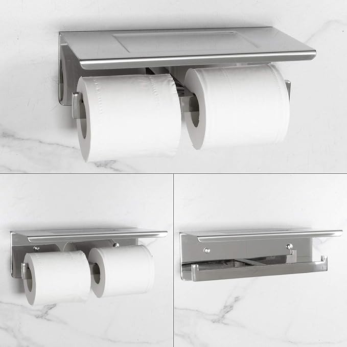 Toilet Paper Holder, Toilet Paper Double Roll Holder with Shelf, Wall Mounted, Polished Stainless Steel