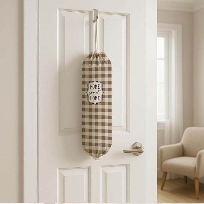Plastic Bag Holder, Home Sweet Home Plastic Bag Holder for Kitchen Essentials, Brown Grid Bags Holders for Plastics Bags Groceries Store, Kitchen Gifts to Women Family Friends