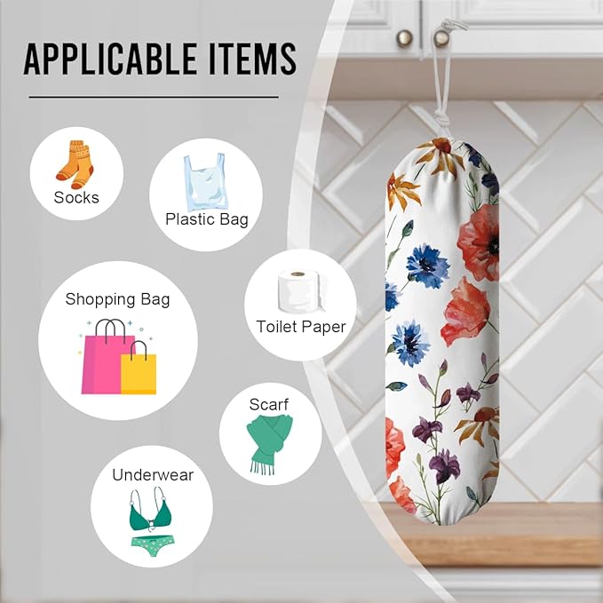 Colorful Floral Bag Holder, Reusable Plastic Bags Storage Container Dispensers, Home Decor for Kitchen Pantry Room, Housewarming Gifts for Women Family Friends Grandma Mom