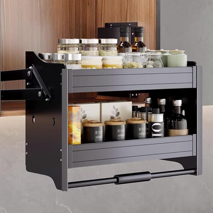 YVYKFZD Kitchen Pull Down Shelf, 2 Tier Pull-Out Cabinet Organizer, Adjustable Large Wall Cabinet Storage Organizer, Retractable Storage Shelf, Space Saving(Black,26"x10"x21"/66x26x54cm)