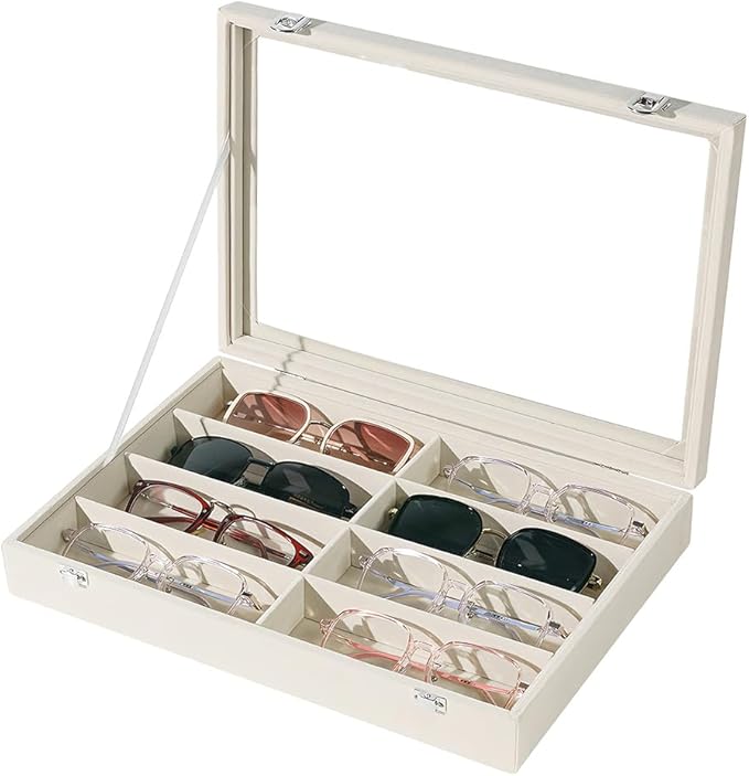 Glasses Holder Box Drawer Sunglass Organizer for Men Clear Wide Storage Case 8 Slots Multiple Reading Glasses Display, Beige Velvet With Clear Glass Lid