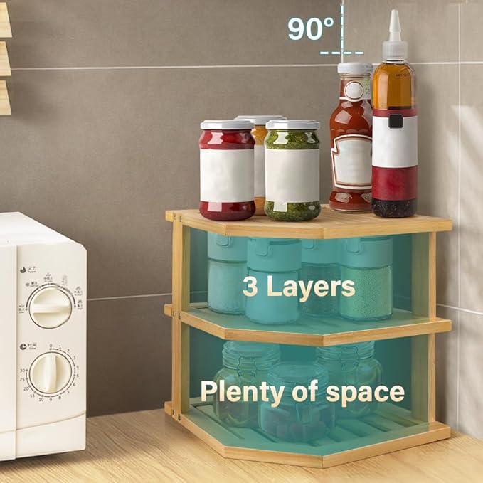 Bamboo Plate Organizer Kitchen Cabinet Organizer 3 Tier Corner Counter Shelf for Plate Dish Bathroom Countertop Shelves, Natural