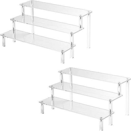 Hoewina 2PCS Acrylic Risers Display Stands, 3 Tier Perfume Organizer Display Shelf & Versatile Cupcake Stand Holder, Display Risers for Figures, Dessert Shelves for Party for Decoration and Organizer