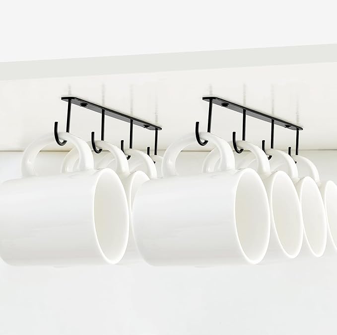 Mkono Under Cabinet Mug Hanger Set of 2 - Metal Hooks Coffee Cup Holder with 8 Hooks - Simple Organizer for Cabinet Shelf - Modern Storage Display Rack for Kitchen Coffee Bar, Black