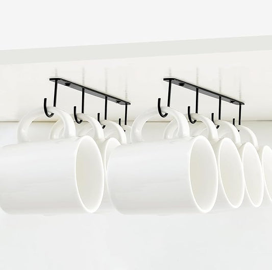 Mkono Under Cabinet Mug Hanger Set of 2 - Metal Hooks Coffee Cup Holder with 8 Hooks - Simple Organizer for Cabinet Shelf - Modern Storage Display Rack for Kitchen Coffee Bar, Black