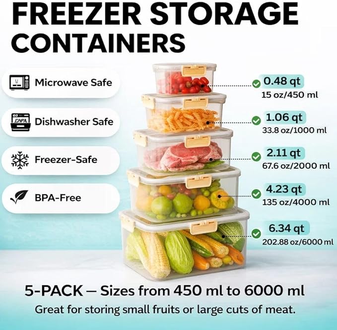 DAZZLEREE Fruit Containers for Fridge Keep Fresh, 5-Pack Produce Containers for Fridge with Lids, Meal Prep Containers, Food Organizer with Removable Colander, Microwave & Dishwasher Safe (White)