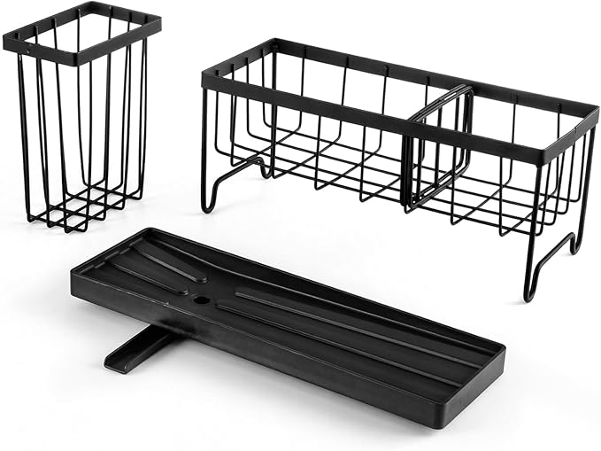 MyGift Modern Matte Black Metal Wire Sponge and Brush Holder Basket with Removable Drainage Tray – Kitchen Sink Caddy Organizer