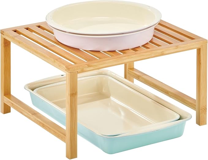 mDesign Wooden Stackable Storage Shelf - Food and Kitchen Organizer for Cabinet, Pantry Shelves, Countertop, Cabinet - Echo Collection - 2 Pack - Natural Bamboo