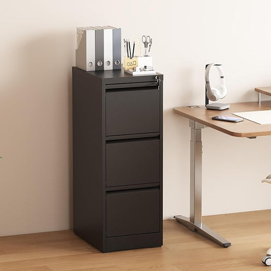 3 Drawer File Cabinet with Lock, Vertical Filing Cabinets for Home Office, Metal Storage Cabinets, Heavy Duty File Cabinet for Letter/Legal/A4/F4 Size Amsseble Required, Black
