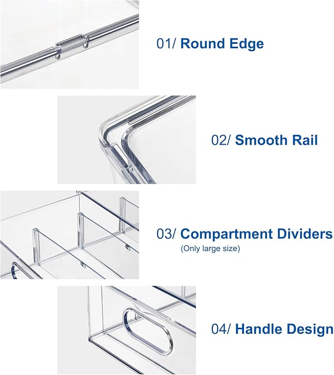 Bronkeeper Fridge Drawer Pull Out Stackable Bins, Clear Refrigerator Stackable Organizers, Fridge Organizer Storage for Kitchen, Pantry, Vegetables, Fruits (4 Small)