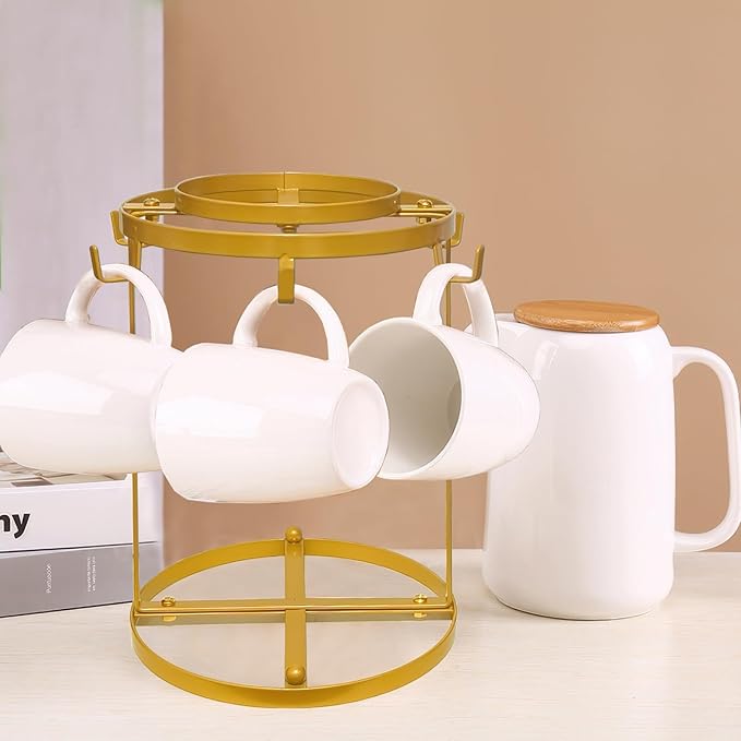 Coffee Mug Holder Countertop,Muted Golden Yellow Metal Coffee Cup Holders for Counter,Warm Dark Gold Mug Stand Rack for Counter Top 6 Hooks(Round,Muted Gold)