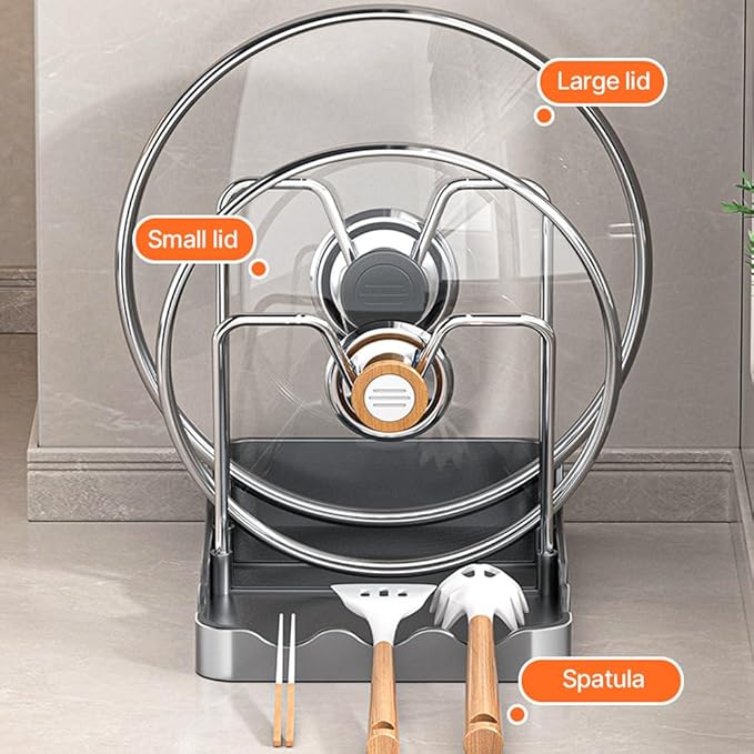 Kitchen Pot Lid Storage Rack, New Multifunctional Stainless Steel Pot and Pan Organizer with Removable Drip Tray, Lid Holder While Cooking, Lid And Spoon Rest (Gray Single)