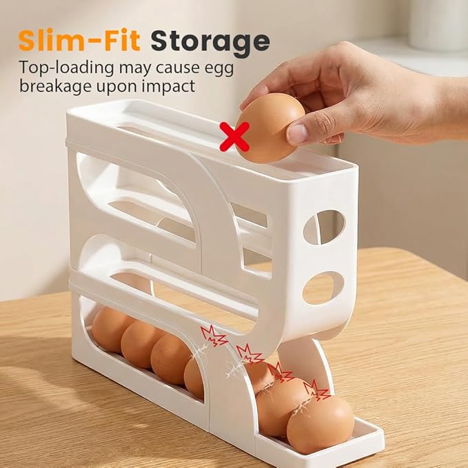 Auto Rolling Egg Holder for Fridge, 4-Tier Egg Dispenser Organizer Holds 28 Eggs, No Assembly Space-Saving Egg Storage Rack for Refrigerator & Countertop (White)