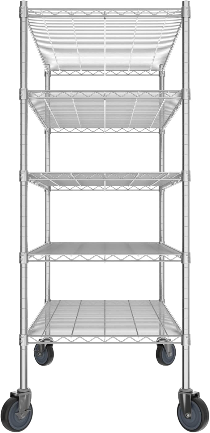 Commercial NSF Listed Chrome Mobile Wire Shelving Kit 24" x 48" x 60", with 5 Shelves Perfect for Warehouse, Walk-in Refrigerator, Freezer, Grocery Store, Restaurant, Dishroom