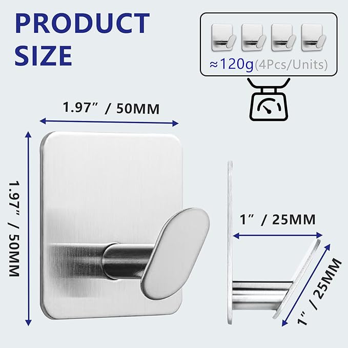 GARGIER Adhesive Shower Hooks Heavy Duty Metal, Brushed Nickel Towel Hooks Stick On Wall Hanger for Hanging Coat, Hat, Robe Hook for Bathroom Kitchen Decorations, 304 Stainless Steel (4 Packs)