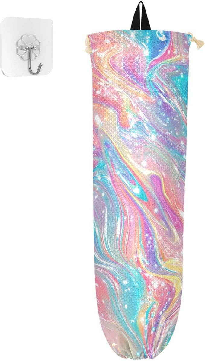 Plastic Bag Holder Wall Mount Grocery Bag Shopping Bag Storage Holder Organizer Dispenser with Adhesive Hook,for Kitchen Bathroom Home Decor 9x22 Inches Pink Liquid Gradient33