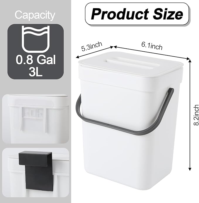 Compost Bin Kitchen, Includes 100 Trash Bags, Hanging Trash Can with Lid, Features Pet-Proof, Odor-Proof, and Quiet Opening/Closing. Suitable for Bathrooms/Bedrooms/Offices (White, 0.8Gal/3L)