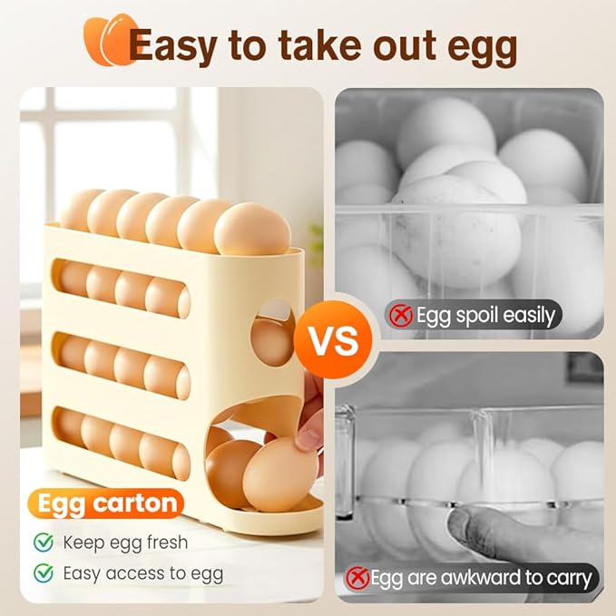 Egg Holder for Fridge, Automatic Rolling Dispenser, Space-Saving Organizer for Refrigerator and Countertop, 30 Large Eggs Capacity (Yellow+Gray)