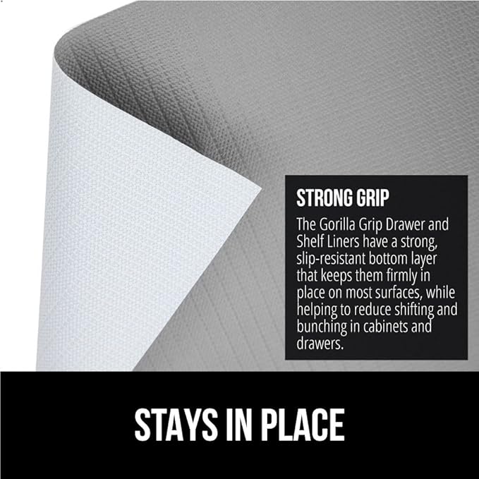 GORILLA GRIP DripGuard Shelf Liner, Non Adhesive Drawer and Kitchen Cabinet Protector, Slip Resistant BPA Free Smooth Surface Plastic Liners for Cabinets, Bathrooms, Closets, 17.5x240 Inch, Light Gray
