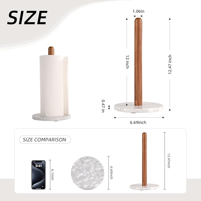 Acacia Wood & Marble Paper Towel Holder – Freestanding Paper Towel Holder for Countertop, Weighted for One-Handed Use, for Kitchen, Bathroom, Office
