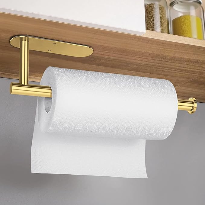 Gold Paper Towel Holder Under Cabinet - Self Adhesive Paper Towel Roll Holder Stick on Wall, Stainless Steel Paper Towel Rack for Kitchen Bathroom(2 Pcs)