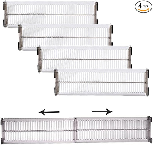4 Pack Drawer Dividers for Clothes, 10.8"-20'' Adjustable Drawers Organizers, Clear Drawer Separators for Dresser, Kitchen, Cosmetic, Office, Bathroom, Fridge