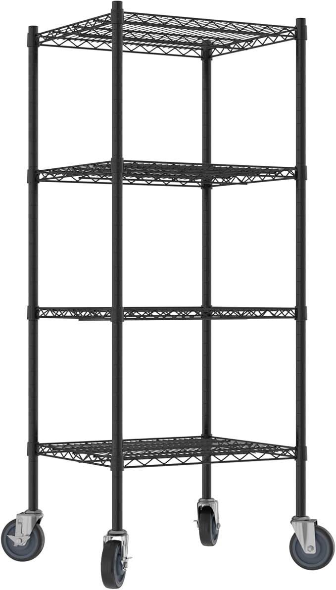 Commercial NSF Listed Black Epoxy Mobile Wire Shelving Kit 21" x 24" x 60", with 4 Shelves Perfect for Warehouse, Walk-in Refrigerator, Freezer, Grocery Store, Restaurant, Dishroom