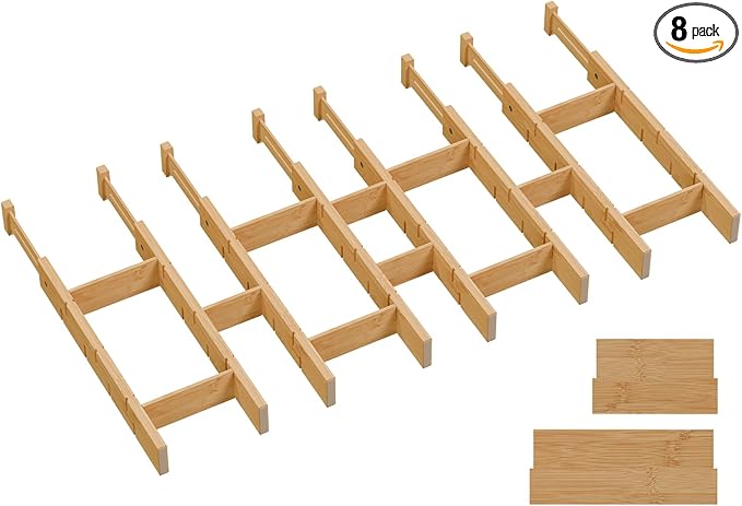 Kitchen Drawer Organizer, Expandable Bamboo Drawer Divider, Include 8 Dividers, 8 Small Inserts and 8 Medium Inserts for Home, Office, Dressers (Long-8 Dividers)