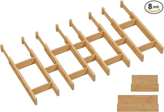 Kitchen Drawer Organizer, Expandable Bamboo Drawer Divider, Include 8 Dividers, 8 Small Inserts and 8 Medium Inserts for Home, Office, Dressers (Long-8 Dividers)