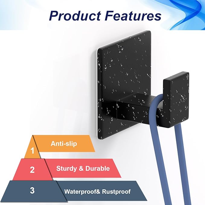 VINHOLD Adhesive Towel Hooks, Shower Hooks for Hanging Robe, Coat, Hat, Loofah, Heavy Duty Wall Hooks Stick on Bathroom, Kitchen and Office (4 Pack, Black)