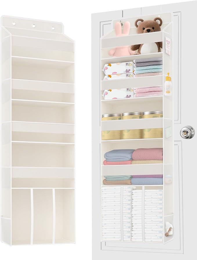 1 PC Over the Door Diaper Organizer with 1 Large Capacity Caddy, 4 Shelf & 10 Mesh Side Pockets, Baby Stuff Hanging Caddy Storage and Newborn Essentials Closet Organizer for Nursery, Bedroom
