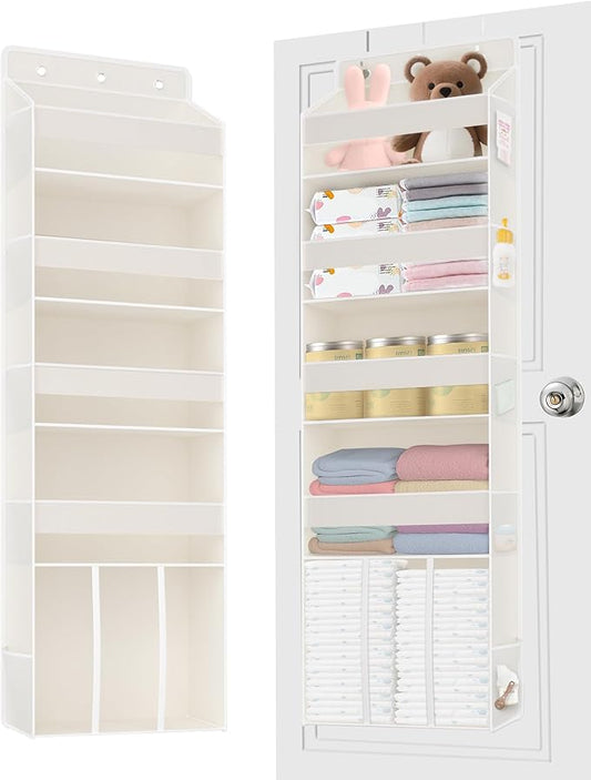 1 PC Over the Door Diaper Organizer with 1 Large Capacity Caddy, 4 Shelf & 10 Mesh Side Pockets, Baby Stuff Hanging Caddy Storage and Newborn Essentials Closet Organizer for Nursery, Bedroom