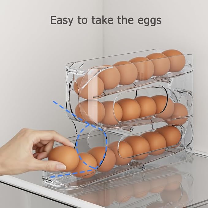 Sotfamily Clear Egg Holder for Fridge, Auto Rolling Egg Dispenser for 18 Eggs, Space-Saving Egg Roller, Organizer, Container, Storage for Refrigerator & Kitchen Countertop(1 Pack)