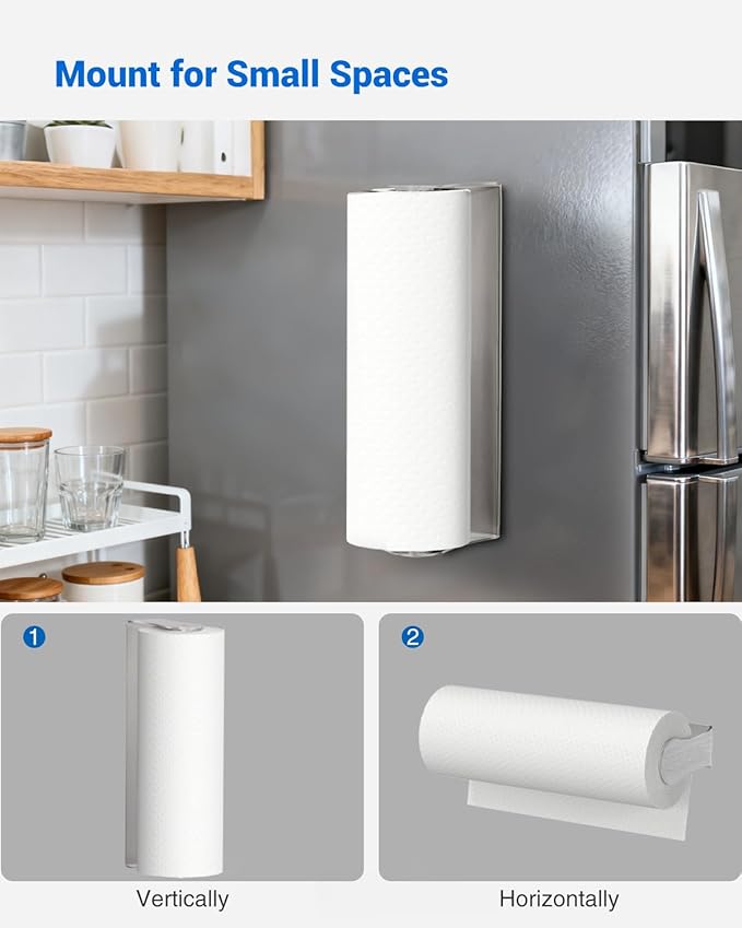 Magnetic Paper Towel Holder for Fridge, Strong Magnet, No Drilling, Stainless Steel, Sliver, Paper Towel Holder Magnetic for Refrigerator, Rv, Grill, Kitchen Decor and Accessories