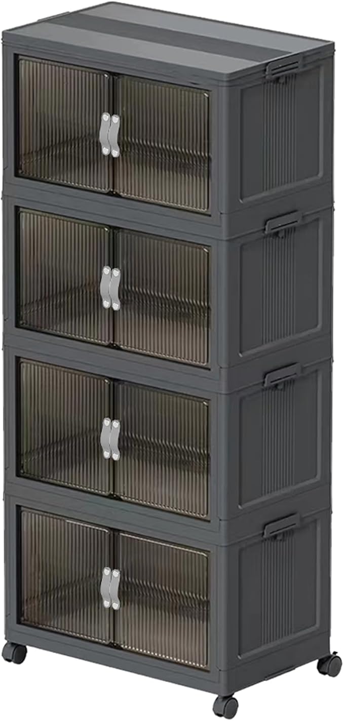 ONAIL Stackable Storage Bins with Lid & Drawers, Large Foldable Collapsible Storage Containers Bin with Doors & Wheels, Folding Plastic Storage Boxes for Home, Pantry, Office (S, Gray 4-Tier)