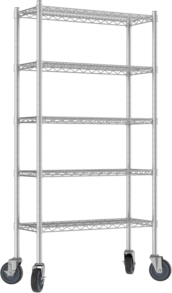 Commercial NSF Listed Chrome Mobile Wire Shelving Kit 12" x 30" x 60", with 5 Shelves Perfect for Warehouse, Walk-in Refrigerator, Freezer, Grocery Store, Restaurant, Dishroom