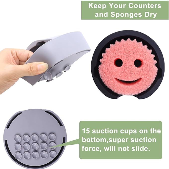 Sponge Holder for Scrub Daddy with Suction Cups and Drain Spout Kitchen Sink Caddy Organizer, Large Soap Dishes Accessories Rack, Dishwasher Safe - 5.3"x5.3", Grey