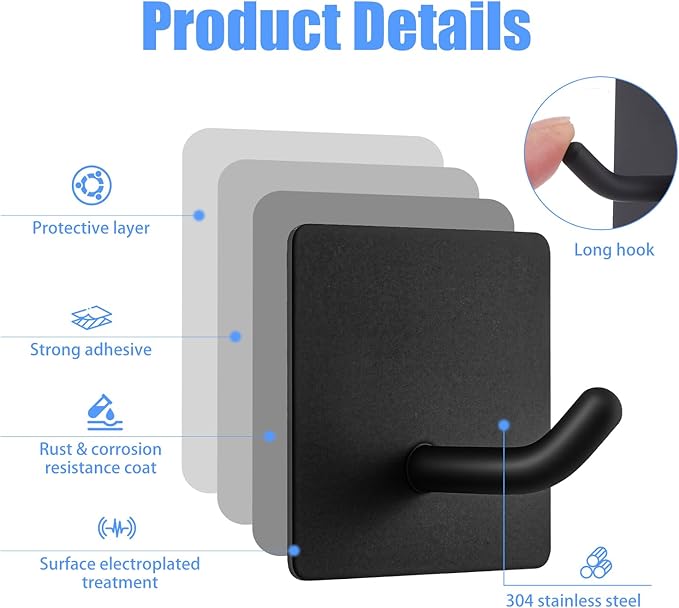 30 Pack Adhesive Towel Hooks – Heavy Duty Stainless Steel Stick-On Wall Hooks for Bathroom, Kitchen, Shower – No Drill, Rustproof, Matte Black (1.77” x 1.77” x 1.46”)